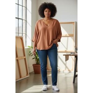 The Refinery Rust Orange V-Neck Oversized Blouse Top Womens Small